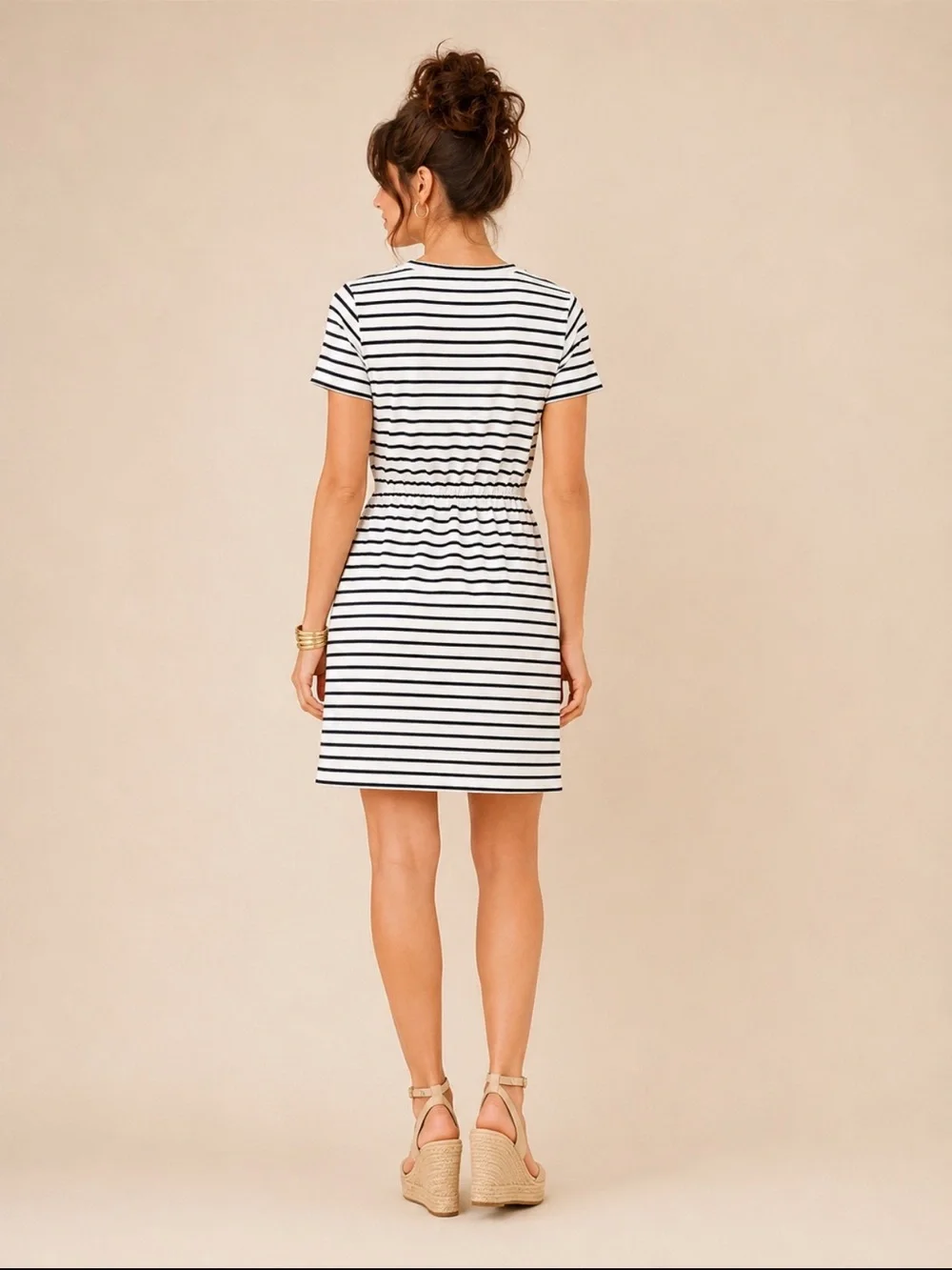 NWT LOFT Black and White Stripe Gathered Waist Mini Tee Dress Size Small Petite